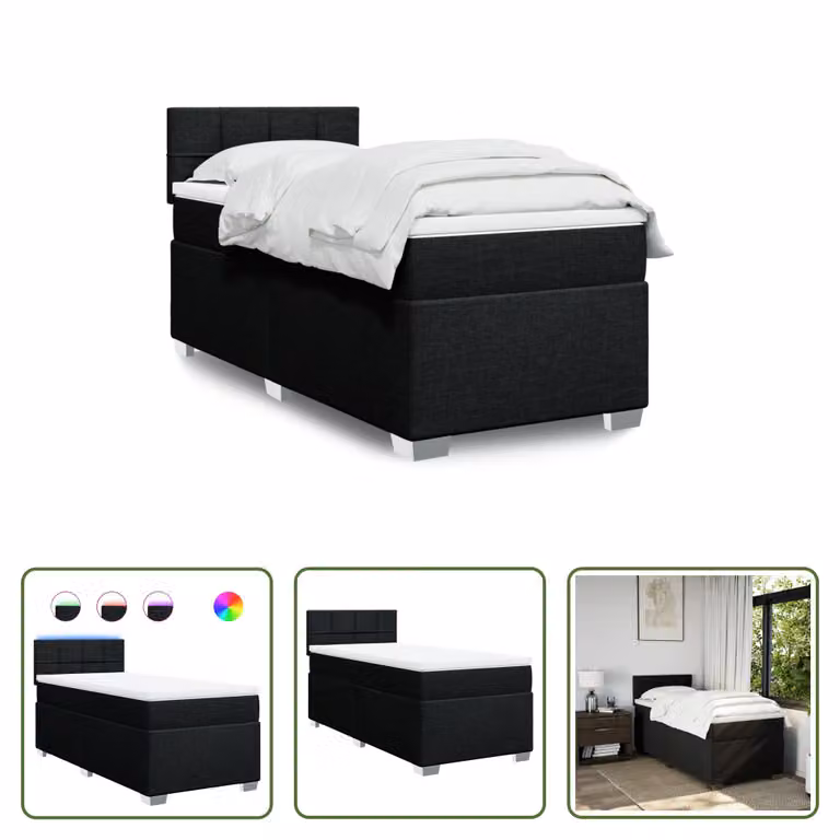 The Living Store Letto a molle con materasso nero 90x190 cm in tessuto