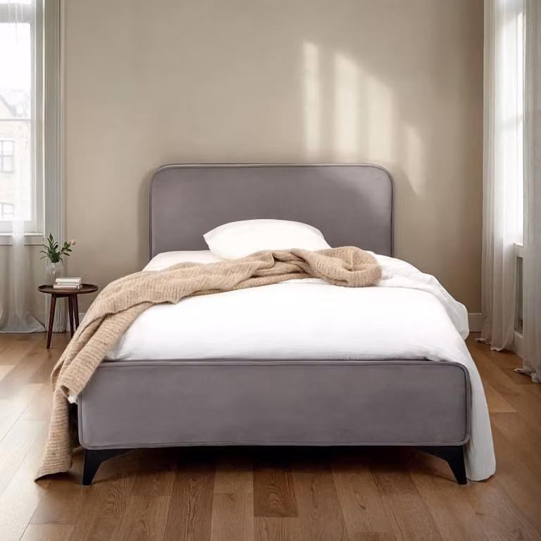 Letto imbottito LAVORO, modello a una piazza, 90x200 cm, grigio - Letto con rete a doghe e rivestimento in velluto, struttura del letto con testiera imbottita, design moderno, robusta struttura in legno e gambe in metallo