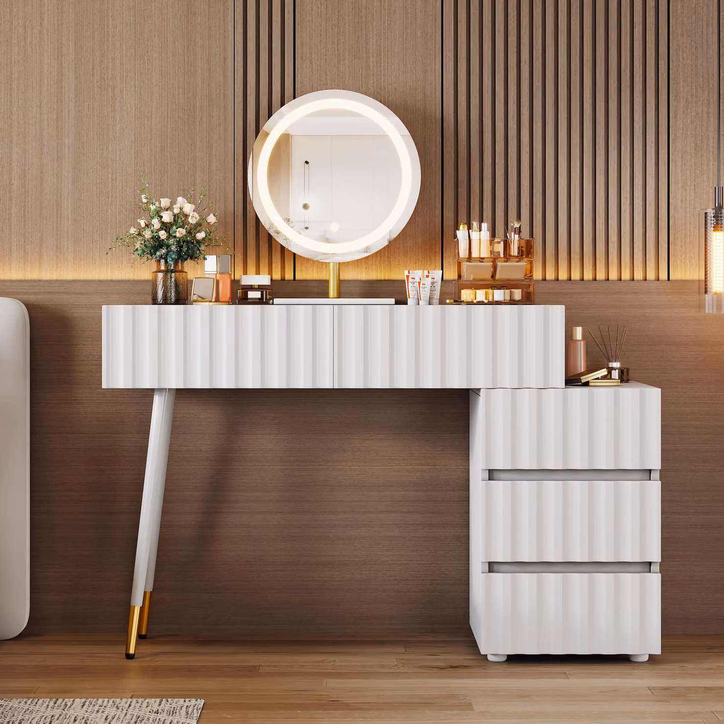 Fortuna Lai Toeletta con specchio LED e illuminazione - Set da toeletta bianco per camera da letto con 5 ampi cassetti - Dimensioni: L100/H127/P40 cm (senza sgabello)