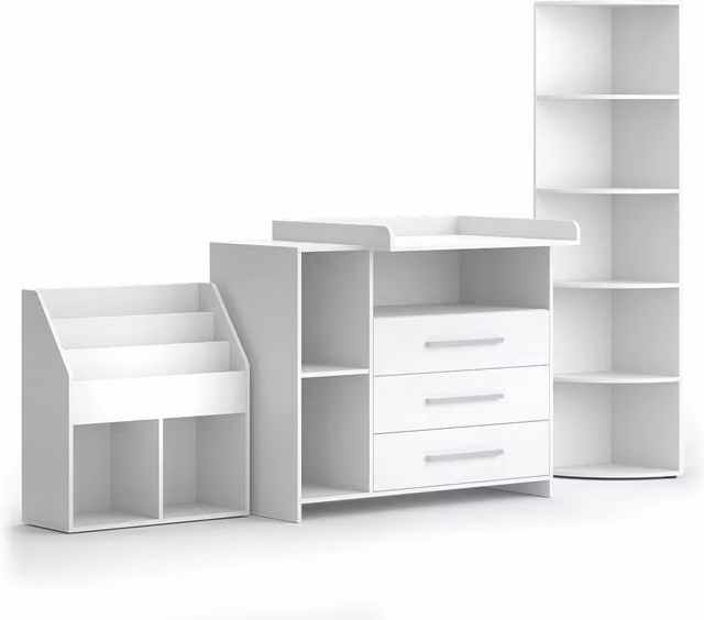 Set di mobili per bambini Oskar Bianco 3 parti, con fasciatoio, scaffale per giocattoli e libreria Vicco