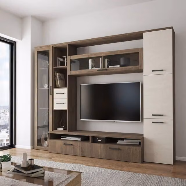 Parete Attrezzata Moderno DMORA per Soggiorno con Vetrina e Ripiani, Marrone e Beige