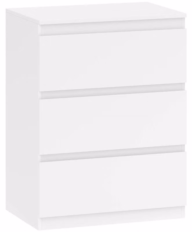 Comodino Moonbite con 3 cassetti, dimensioni 60 x 40 x 79 cm, bianco, senza maniglie, realizzato in pannello di particelle di legno , bordi smussati, kit antiscottatura, adatto per ingresso, soggiorno, camera da letto, colore bianco