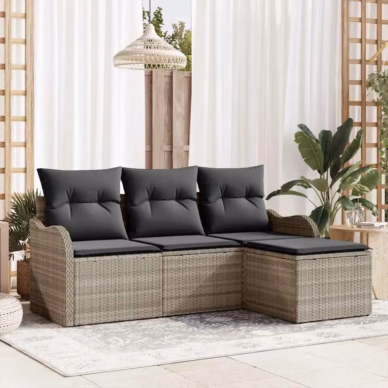 Set Divano da Giardino a L vidaXL 4 Pezzi Grigio con Tavolino e Pouf in Polyrattan e Acciaio