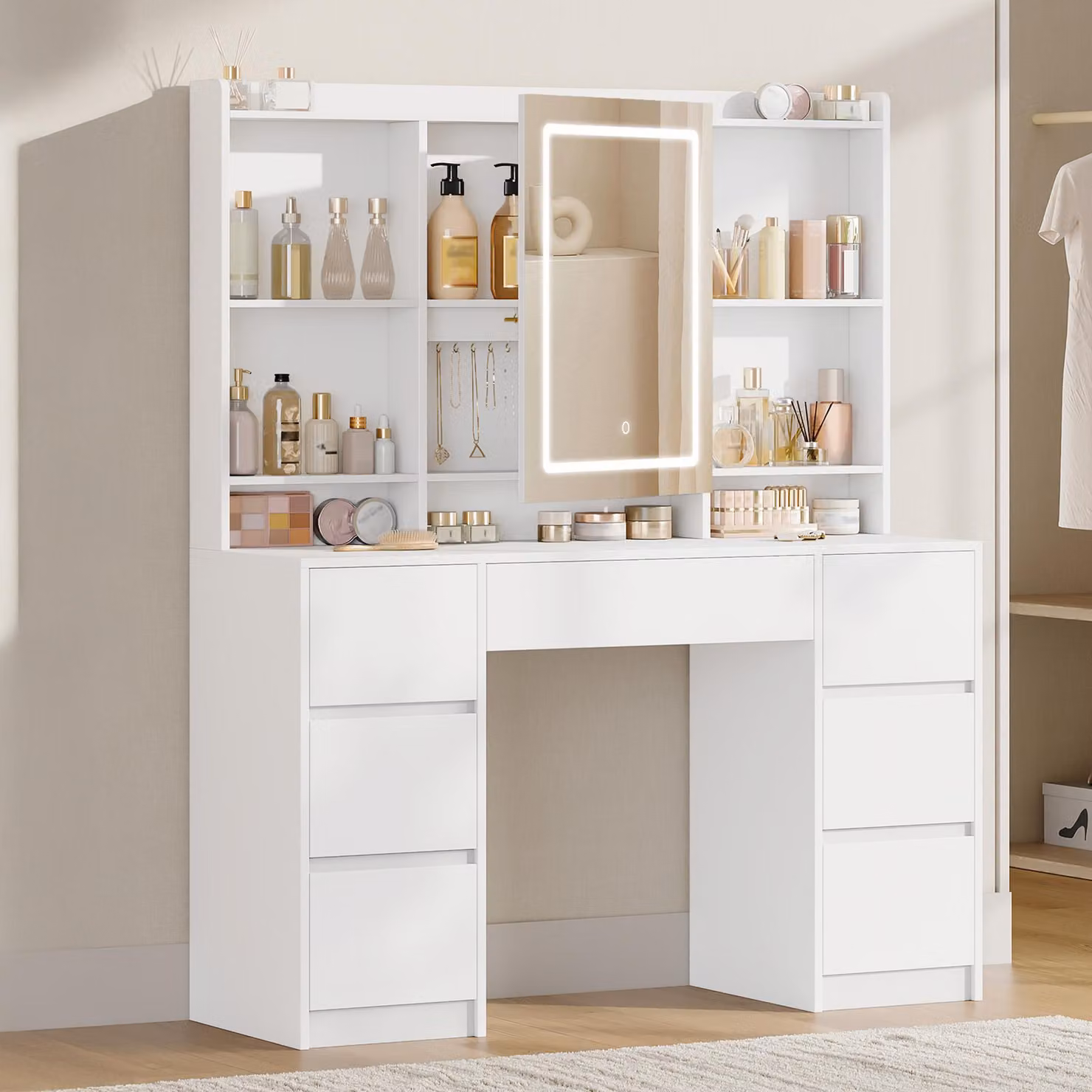 Scrivania da trucco con illuminazione - Bianca - 7 cassetti - Pannello in legno - Design moderno e minimalista
