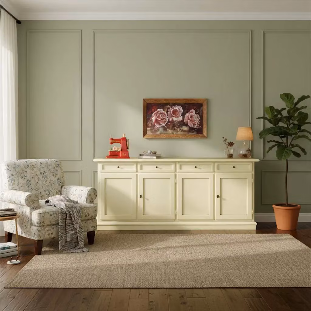 Madia credenza shabby chic in legno con 4 porte colore bianco Mobili 2G L: 205 cm, P: 40 cm, H: 85 cm – 1
