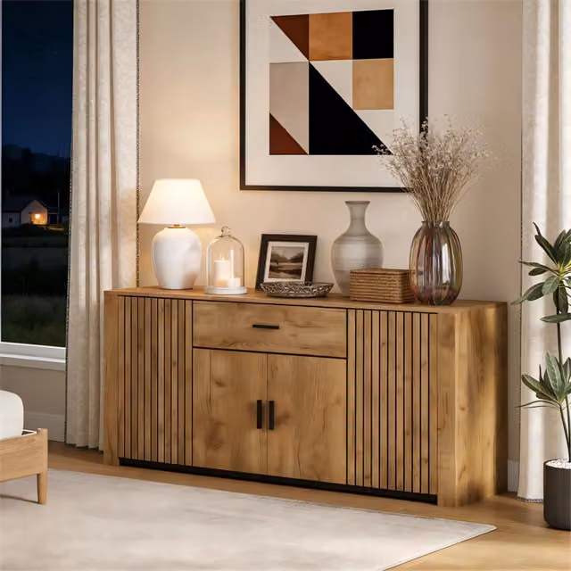 Credenza moderna in effetto legno marrone con 4 ante, 1 cassetto e ripiani regolabili L: 160 cm, P: 40 cm, H: 75 cm