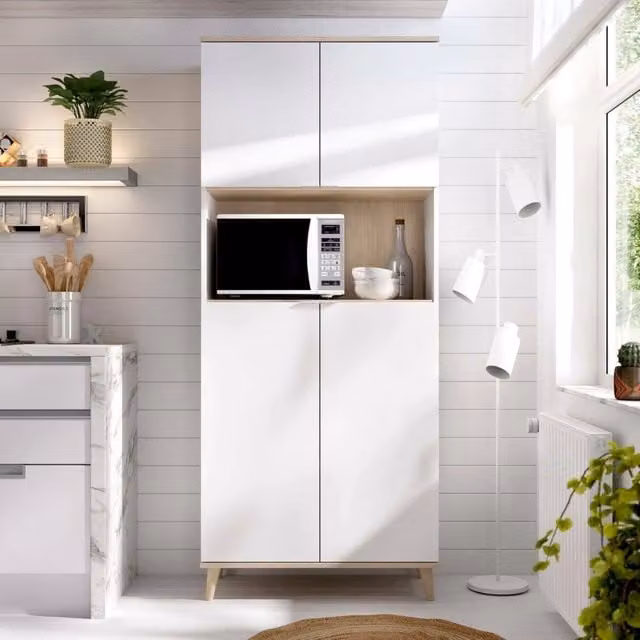 Credenza Acura DMORA, Buffet dispensa moderna con 4 ante e ripiani interni, Bianco e Rovere, L: 80 cm, P: 40 cm, H: 191 cm