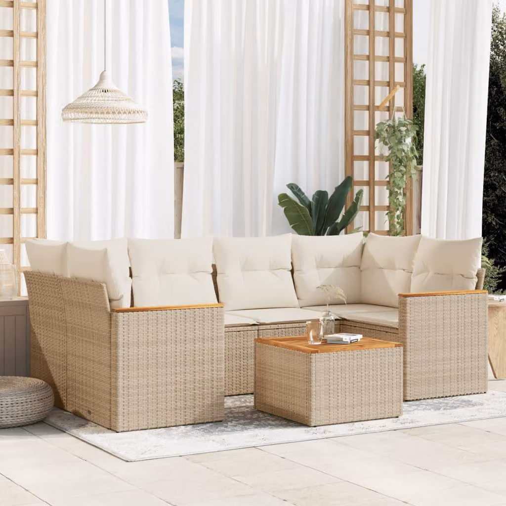 vidaXL Set Divani da Giardino a L 7 pz con Cuscini Beige e Tavolino in Polyrattan e Acciaio – 1