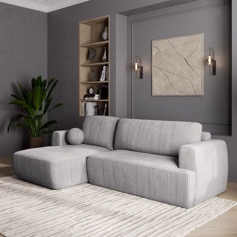 Divano angolare Masseno SENTI P L-S con funzione letto a L, divano con box letto, divano da salotto, divano, divano, divano letto, set di divani - grigio chiaro, POSO 55