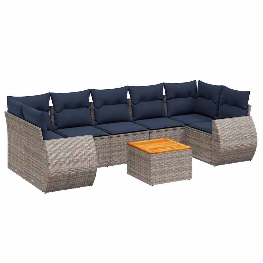 Set di Divani da Giardino a L con Tavolino vidaXL, 8 Pezzi in Polyrattan e Legno di Acacia, Colore Grigio e Blu con Cuscini Inclusi – 2
