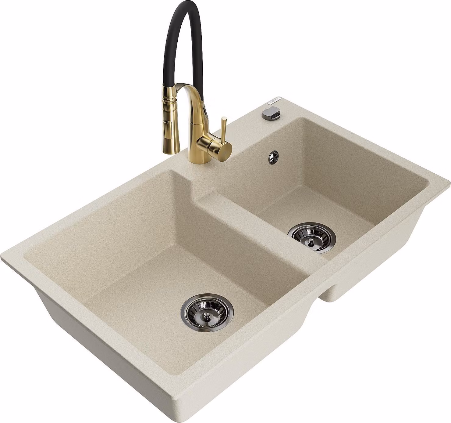 Mexen Tomas lavello da cucina in granito a 2 vasche con rubinetto Aster, beige - 6516-69-73450-57-B