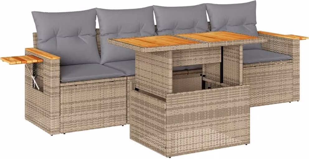 Set Divano da Giardino 5 pz con Cuscini Beige Polyrattan Acacia