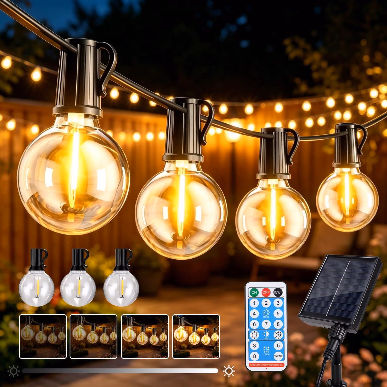 Catena di luci solari per uso esterno, con 26 LED bianco caldo, lunghezza 8 metri, grado di protezione IP65