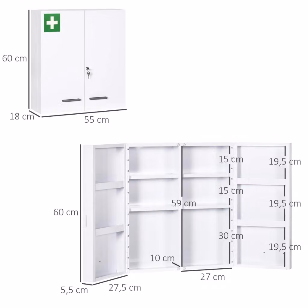 Armadietto medicinali a muro WISHDOR in acciaio bianco con 6 ripiani, 2 ante e chiusura a chiave, L/P/H: 55 x 18 x 60 cm – 2