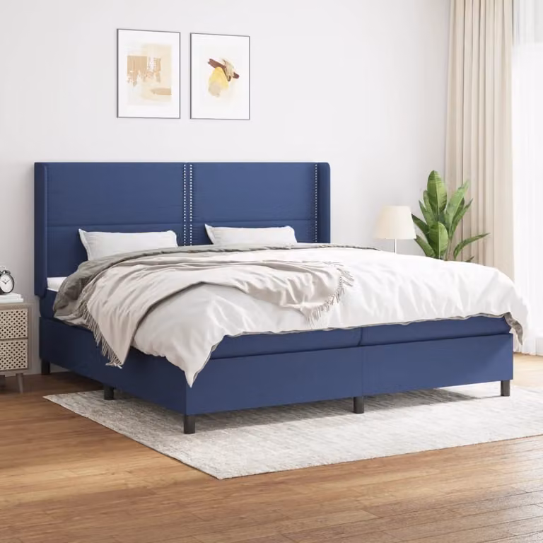 The Living Store Letto a molle con materasso blu 200x200 cm in tessuto