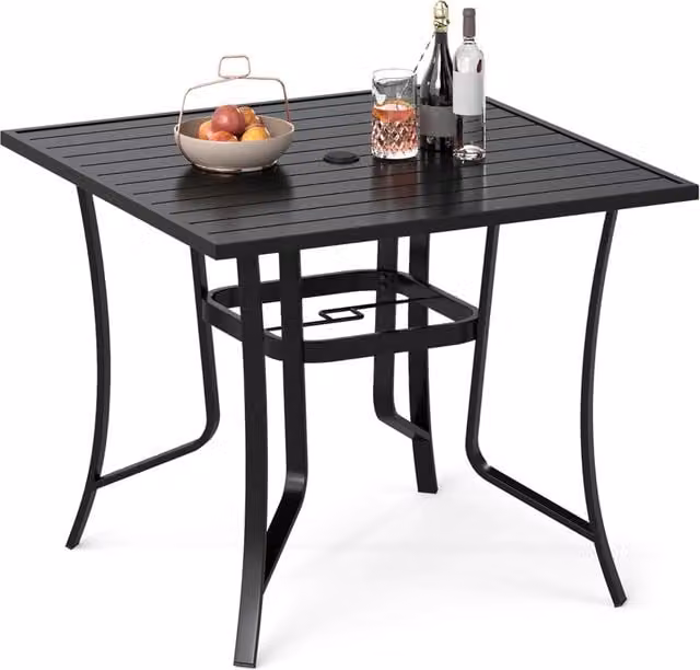 Tavolino da giardino in metallo con foro per ombrellone e tappo per foro, Tavolo per patio cortile e bordo piscina 90 x 90 cm Nero