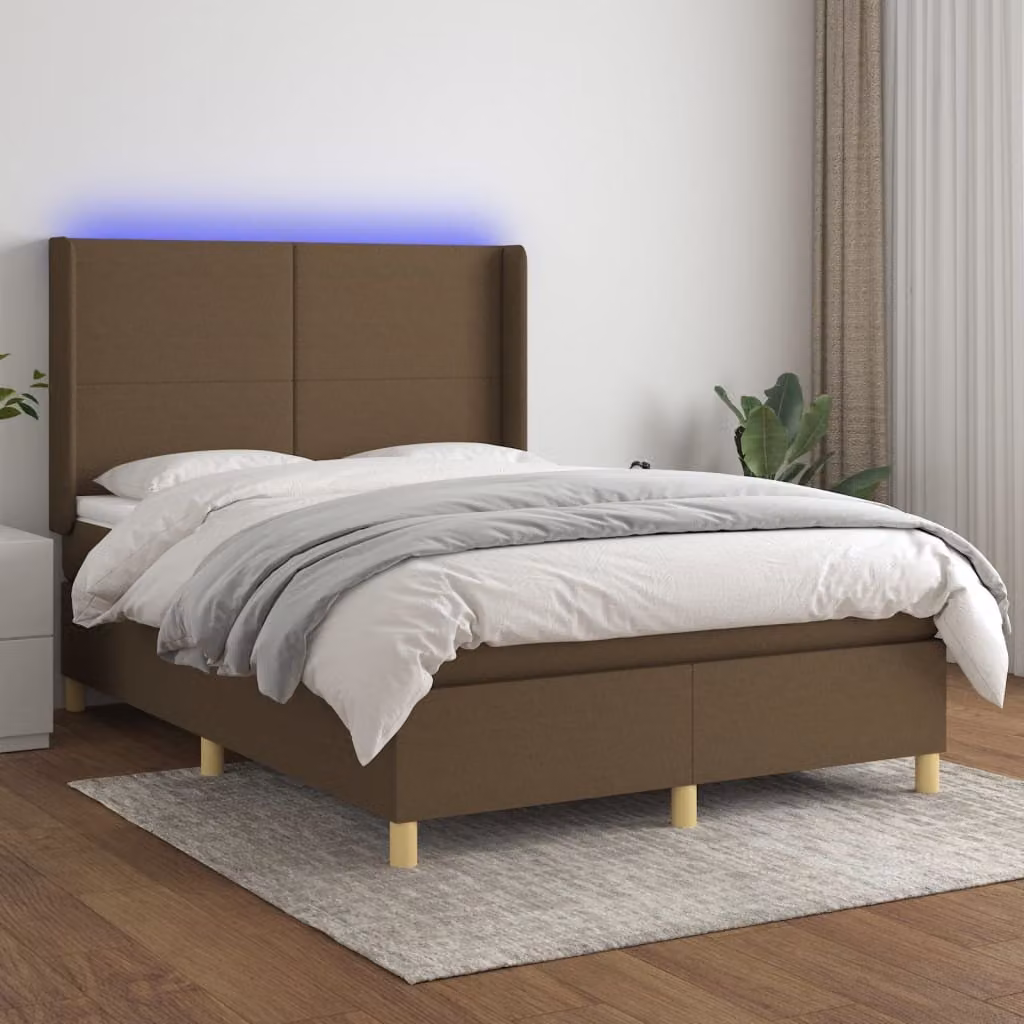 The Living Store Letto a molle con materasso e LED in tessuto marrone scuro 140x200 cm
