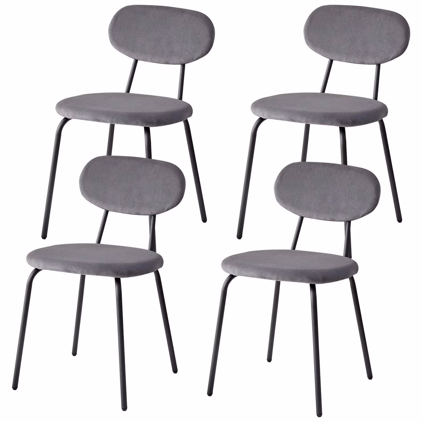 Set di 4 sedie da pranzo, rivestite in velluto olandese, con gambe in metallo, seduta imbottita, senza braccioli, design moderno, colore grigio chiaro
