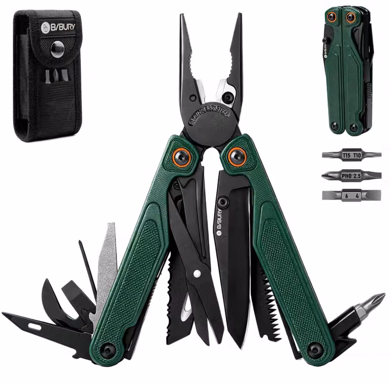 Pinza multifunzione 25-in-1, in acciaio inossidabile, con set di punte e custodia in nylon
