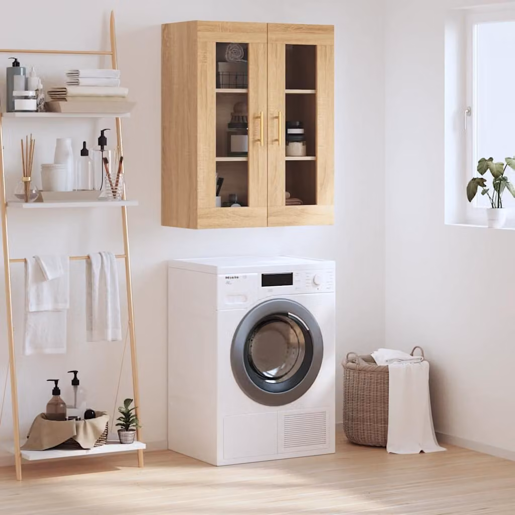 Mobile a parete vidaXL in rovere con ante in vetro, L 69,5 cm, P 34 cm, H 90 cm