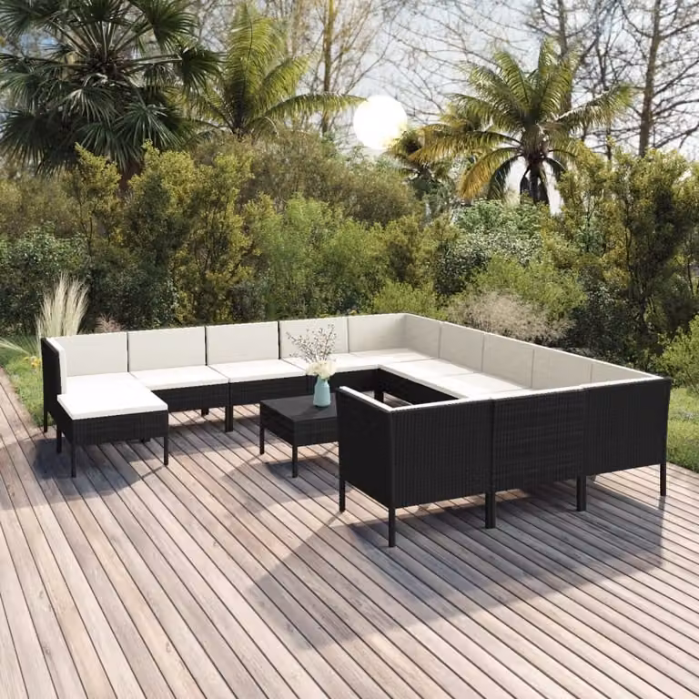Set da lounge per giardino, 13 pezzi, con cuscini, in rattan sintetico nero