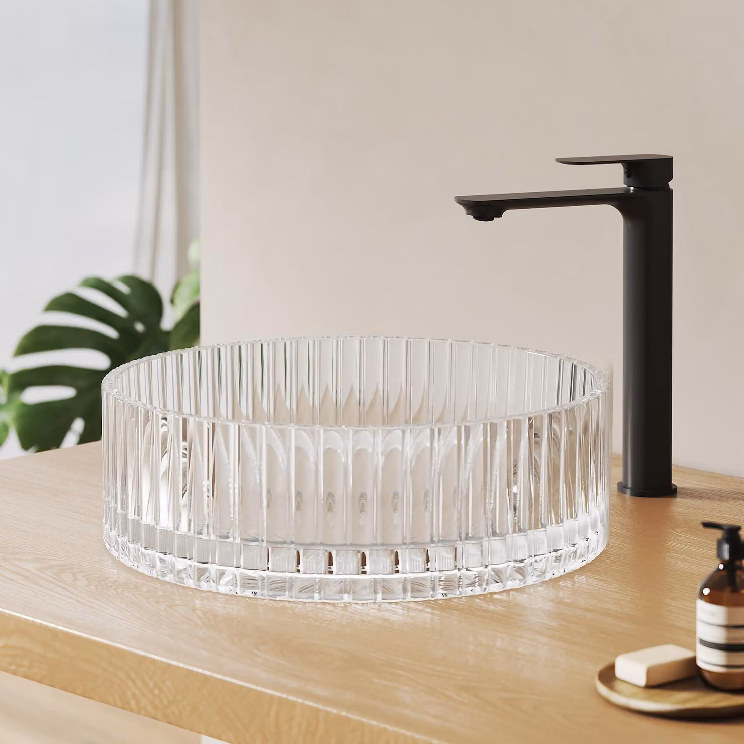 Lavabo in vetro trasparente, forma rotonda, dimensioni 40 x 40 x 12 cm