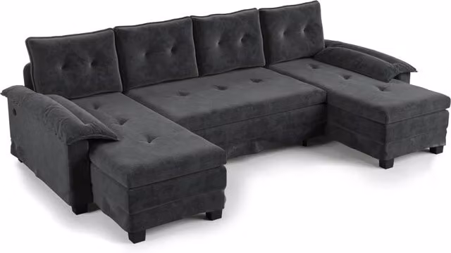 Divano letto modulare a forma di U 278 cm con funzione letto estraibile e USB, rivestimento in chenille grigio