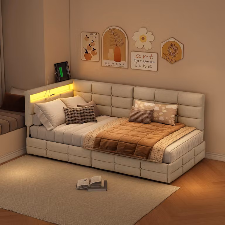 Letto imbottito ProximaX 90x200 cm beige con LED RGB e presa USB/Type-C, divano letto a L, letto per ragazzi con 2 cassetti, rivestimento in lino