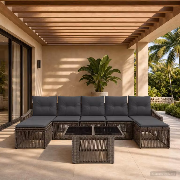Set Divano da Giardino vidaXL a forma a U in Polyrattan Grigio e Antracite con Tavolino, Ottoman e Cuscini Imbottiti