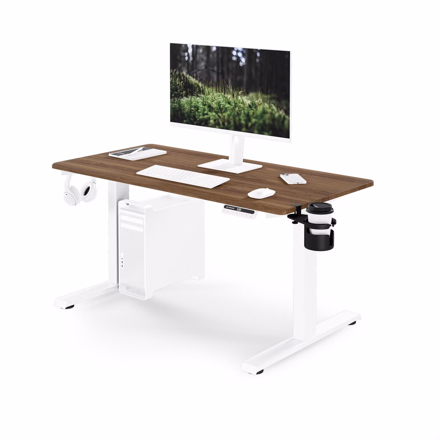 Scrivania ergonomica, regolabile in altezza, bianca/noce: 120 x 60 cm: ARIA