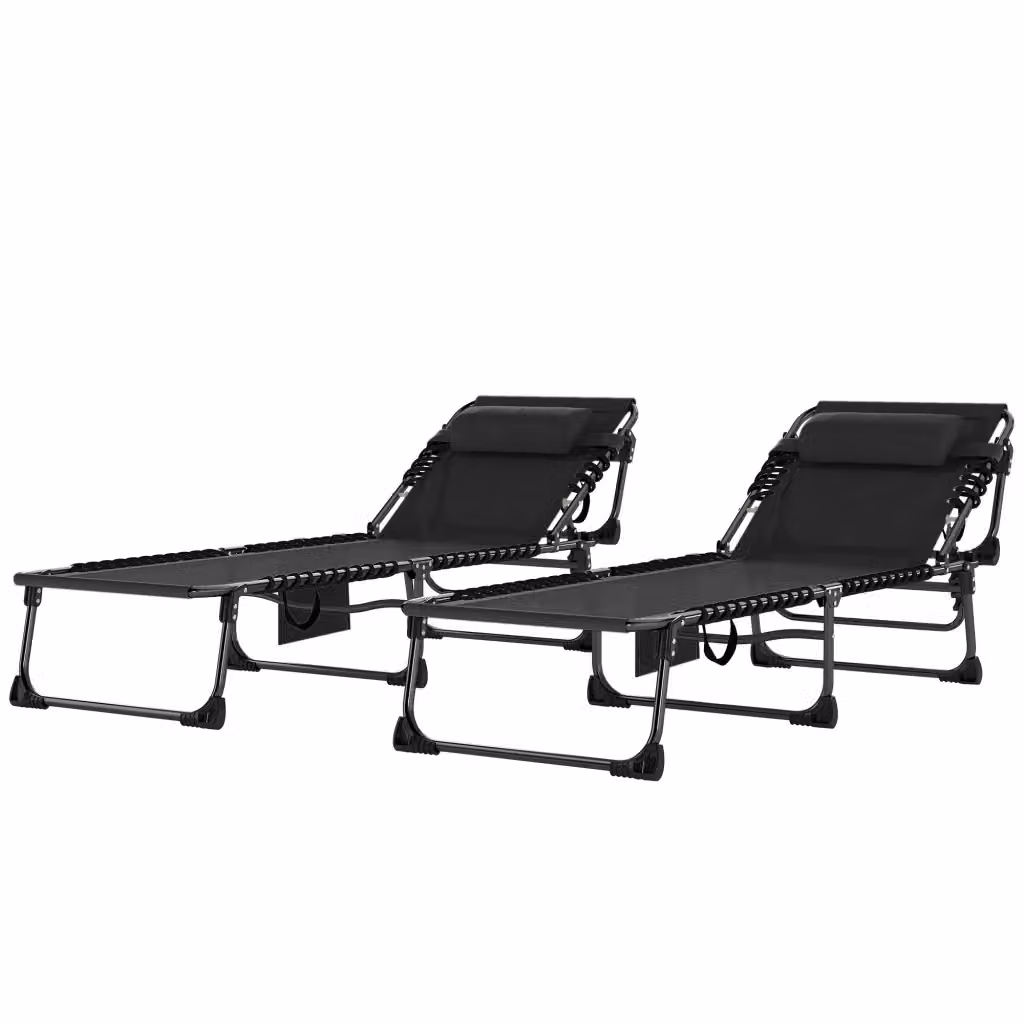 Set di 2 Lettini Prendisole da Giardino Pieghevoli e Reclinabili su 5 Livelli con Cuscini Impermeabili e Riposabrachia, L/P/H: 200 x 57 x 38 cm, Nero – 2