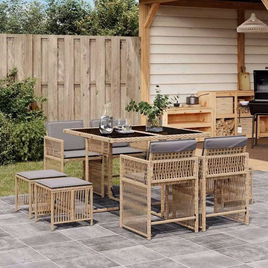 Set Pranzo da Giardino vidaXL 9 pz in Polyrattan con Cuscini Beige e Grigio e Tavolo in Vetro – 1