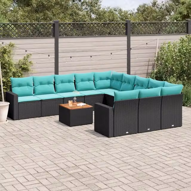 Set di divani da giardino vidaXL a forma di U in polyrattan nero con cuscini inclusi per esterno