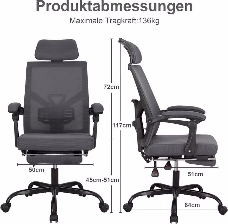 Sedia da ufficio ergonomica - Sedia da ufficio con poggiatesta regolabile - Sedia da ufficio - Sedia girevole - Sedia da lavoro