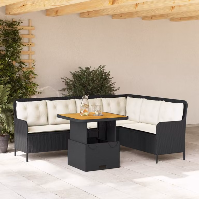 Set Divano da Giardino a L vidaXL con Tavolino e Cuscini in Polyrattan e Legno di Acacia Nero e Marrone