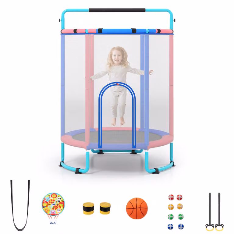 Trampolino per bambini Costway 6in1 con rete di sicurezza, altalena, anelli, canestro e sbarra, uso interno ed esterno, Blu e multicolore, Diametro: 152,4 cm