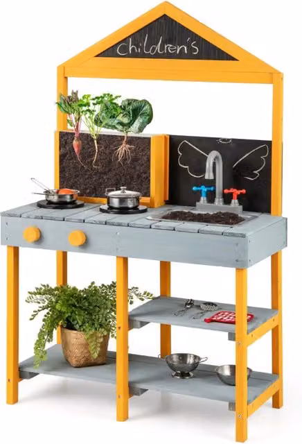 Cucina da esterno per bambini multicolore in legno di abete con rubinetto estraibile e vaso per fiori L/P/H: 69 x 36 x 110 cm