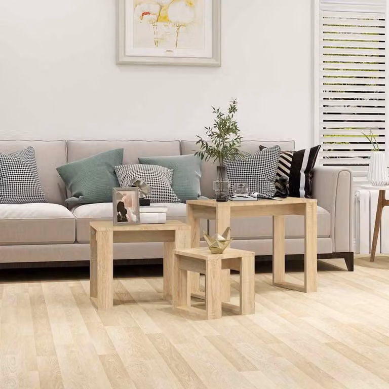 Set di 3 tavolini impilabili vidaXL in legno multistrato e MDF, colore rovere sonoma beige e marrone, design moderno per soggiorno o camera da letto