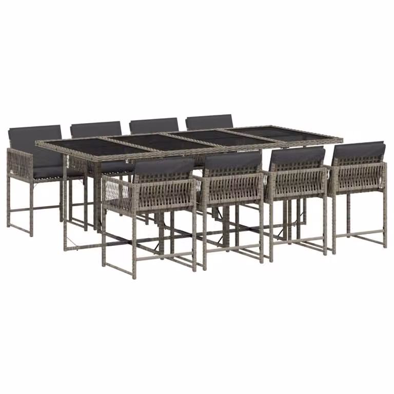 Set da Pranzo da Giardino 9 pz con Cuscini in Polyrattan Grigio