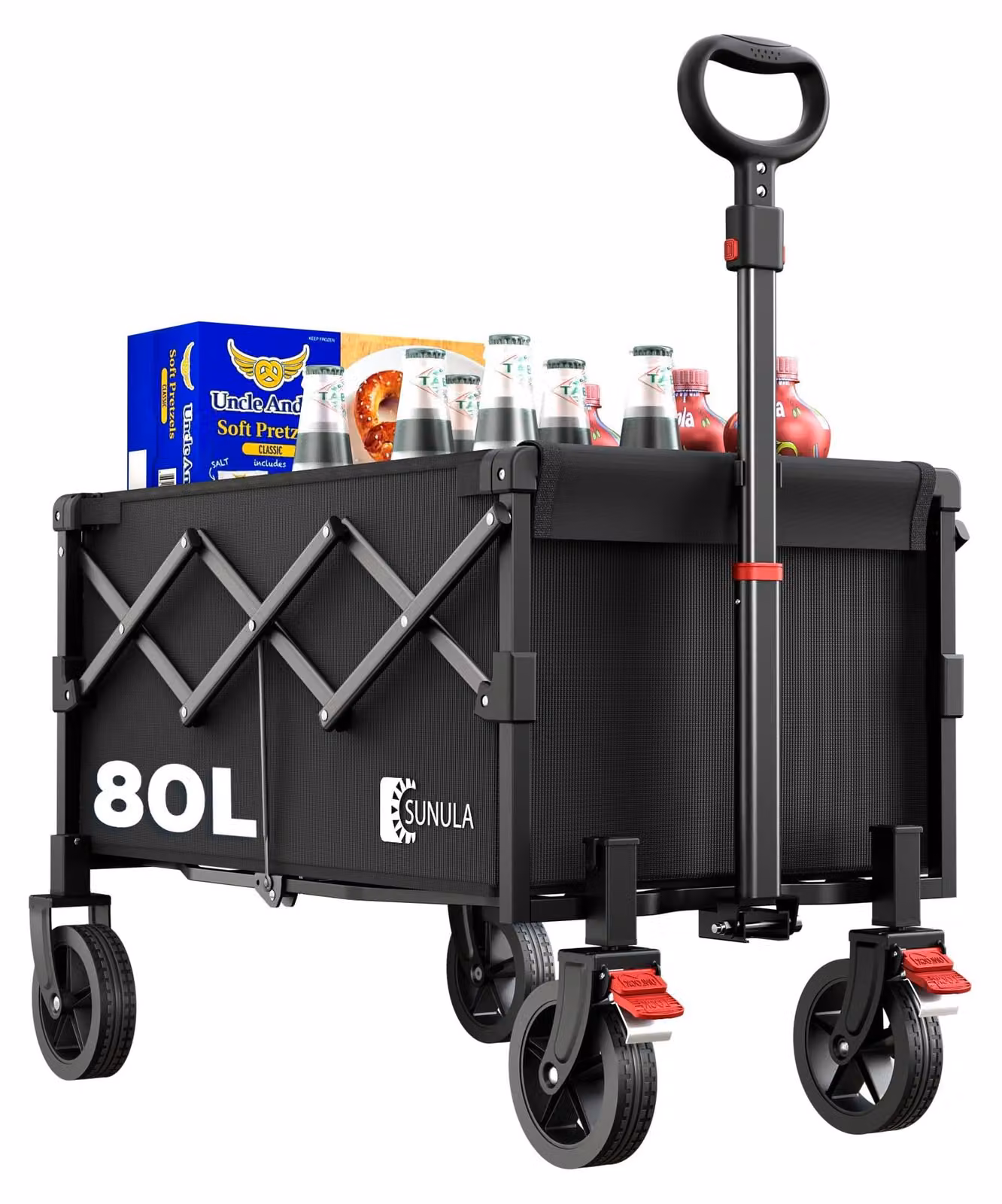 Carrello pieghevole da 80 litri, capacità massima 100 kg, carrello a mano con freno, colore nero, ideale per il campeggio