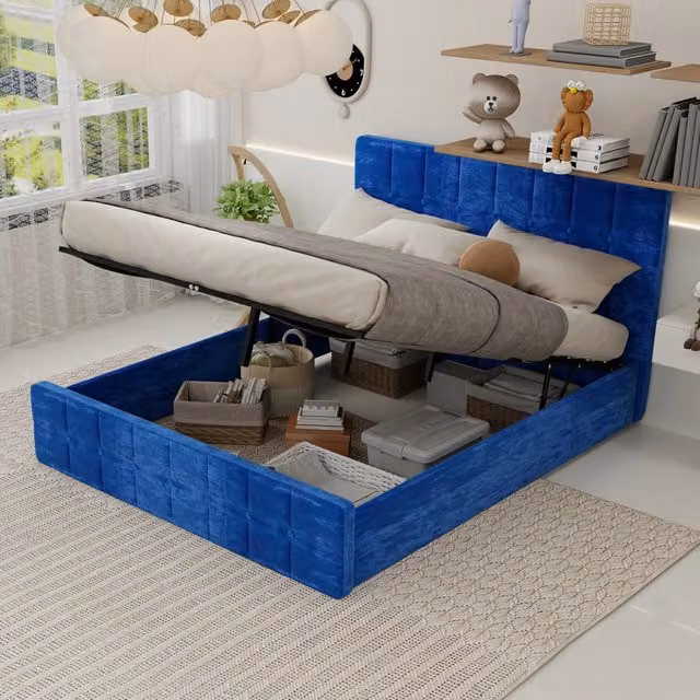 letto imbottito in velluto blu 160 x 200 cm