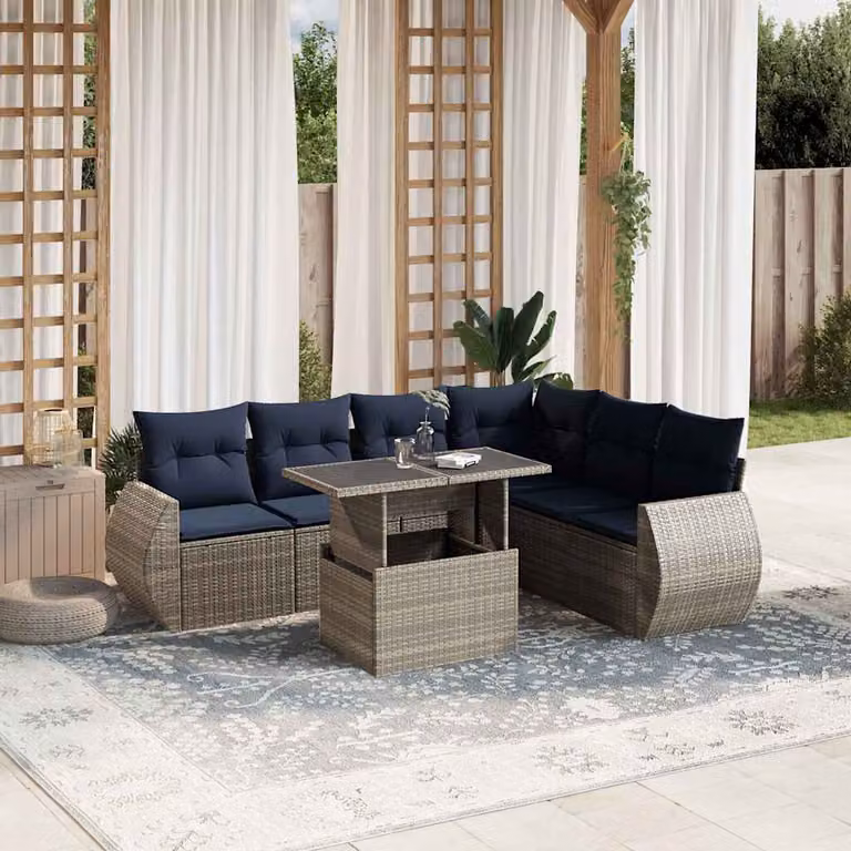 Set Divano da Giardino vidaXL 7 pz in Polyrattan Grigio con Cuscini e Tavolino