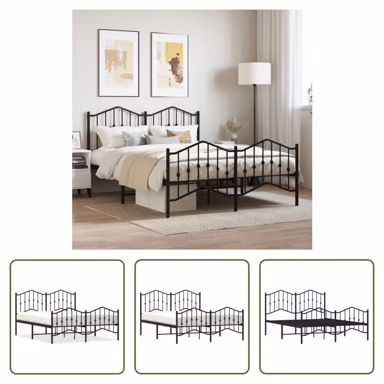 The Living Store Struttura letto con testiera e pediera in metallo nero 135x190 cm