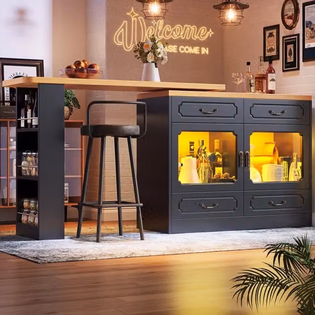 Tavolo bar estraibile con LED - Zephmum- 135-203¡Á39¡Á92.8cm, nero, 360¡ã girevole