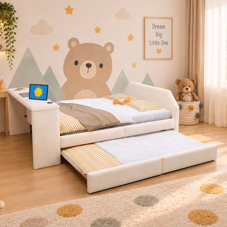 Letto imbottito Flieks, 140 x 200 cm, con scrivania integrata; letto singolo con letto estraibile per ospiti; lettino per bambini con porta USB; colore beige; materiali: velluto, legno e metallo
