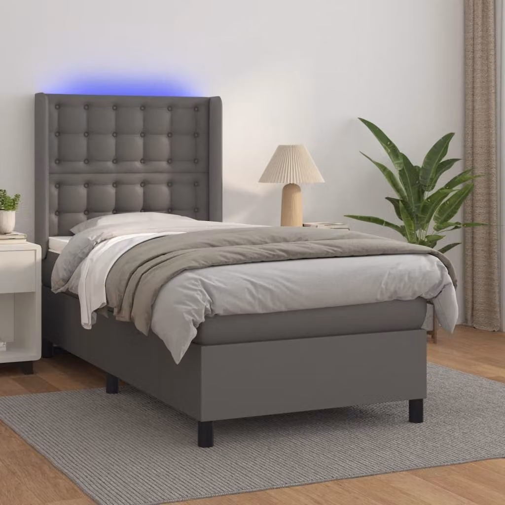 The Living Store Letto a molle con materasso e LED grigio 90x200 cm in ecopelle