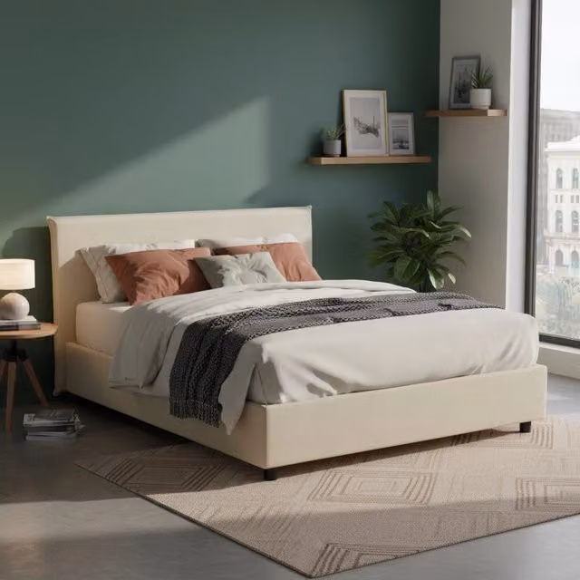 Letto Matrimoniale Ariadni Talamo Italia con Materasso Incluso, Base con Contenitore Alzabile, Beige, 160x200 cm – 1