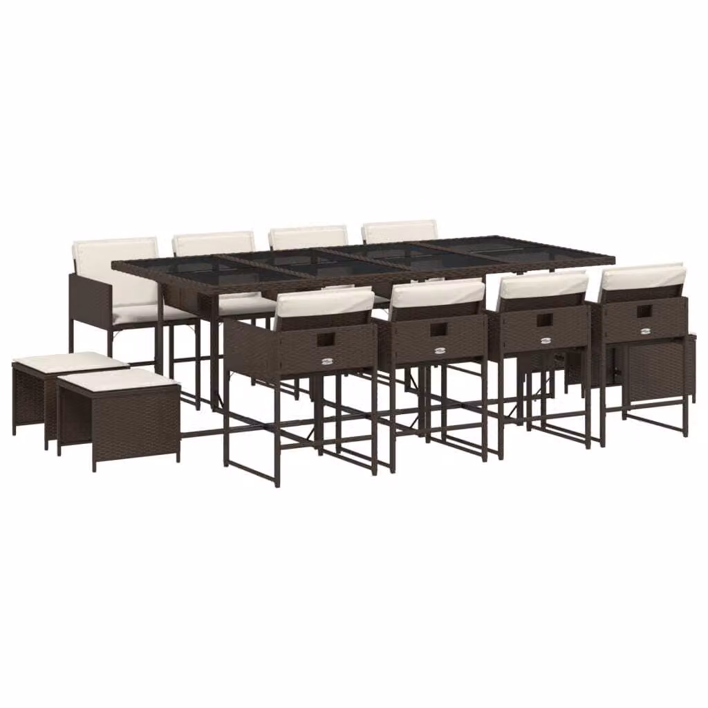 Set da Pranzo da Giardino 13pz con Cuscini Marrone Polyrattan