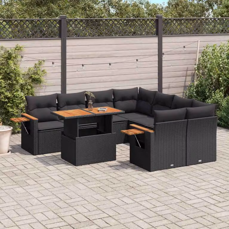 vidaXL Set Divani da Giardino a L 9 pz in Polyrattan Nero con Cuscini e Tavolino da Esterno