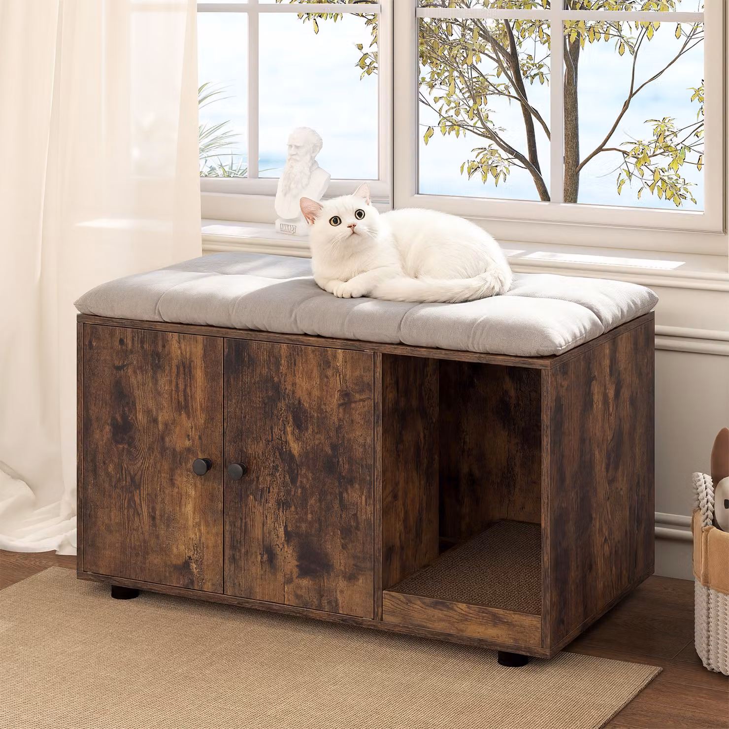 Mobile porta lettiera per gatti Costway in legno marrone con 2 ante e piedini regolabili per soggiorno e camera da letto